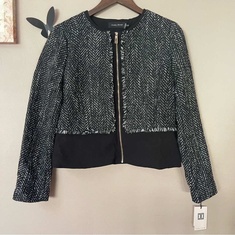 NWT Ivanka Trump Black & White Tweed Zip Blazer Jacket Size 8